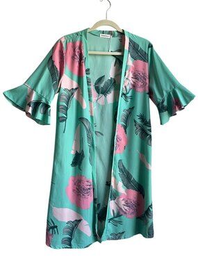 Blanco Ella Small Floral Tropical Kimono Cardigan Duster Mint Green Pink Boho